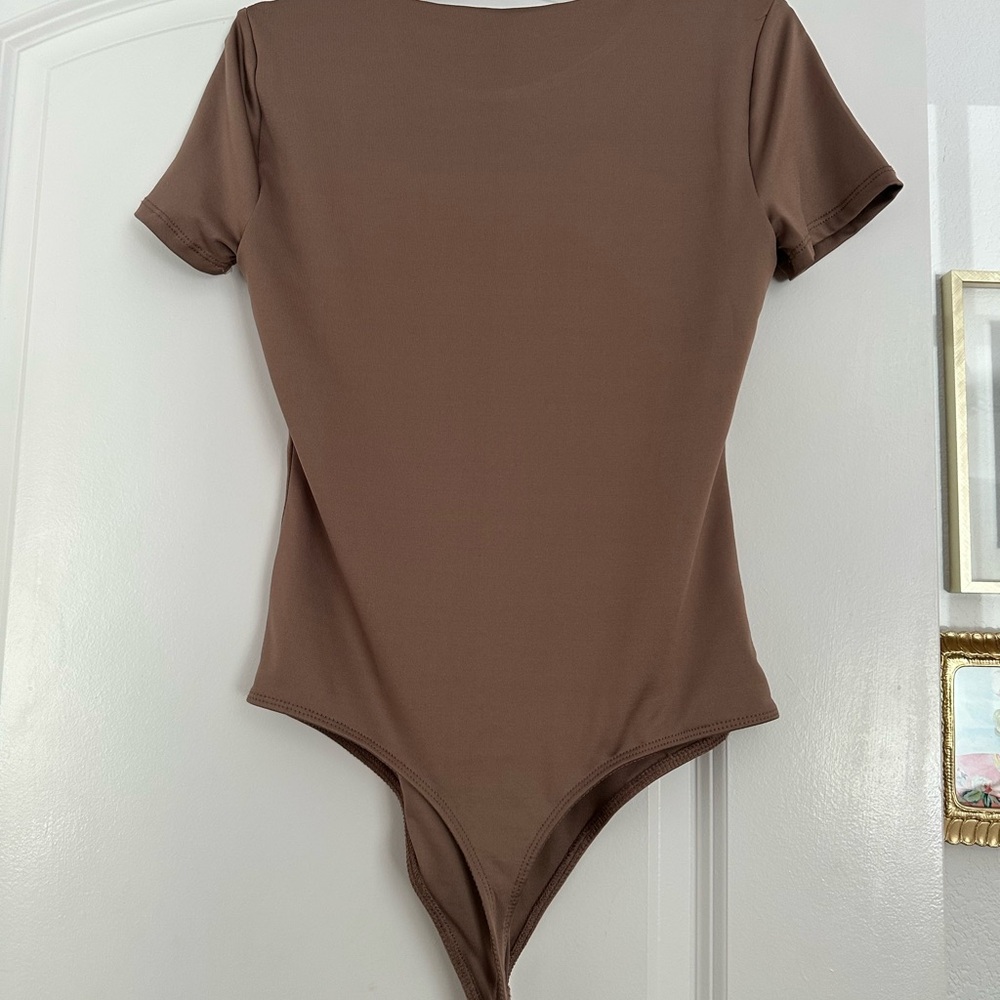 Workshop Republic Clothing Short-Sleeve Crew Neck Bodysuit in Mocha Brown - Picture 3 of 5